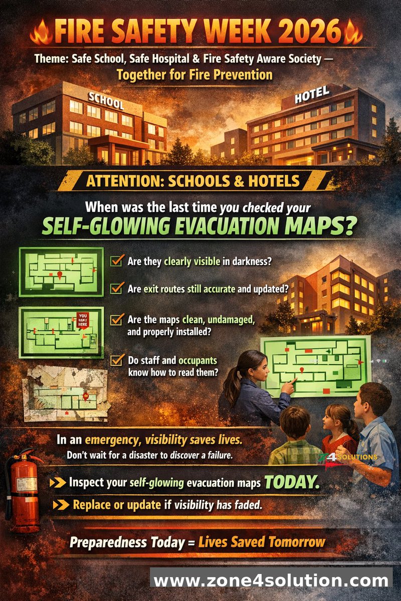 🔴 🔥 FIRE SAFETY WEEK 2026 

🏫🏨 Attention Schools &amp; Hotels
When was the last time you checked your self-glowing evacuation maps?

In an emergency, power may fail, but your evacuation maps must still guide people safely.

✅ Ensure they glow clearly in darkness ✅ Verify exit
