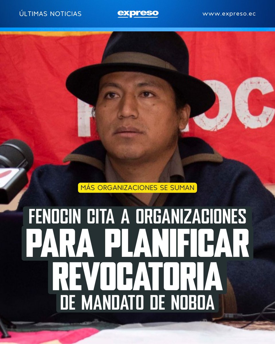 Expresoec's tweet photo. El presidente de la Fenocin, Guido Perugachi, convocó a las organizaciones sociales, colectivos y empresarios a reunirse el 5 de marzo para definir la hoja de ruta del proceso de revocatoria del mandato del presidente de Ecuador, Daniel Noboa.

Los detalles: https://t.co/Do3cOEGOKd