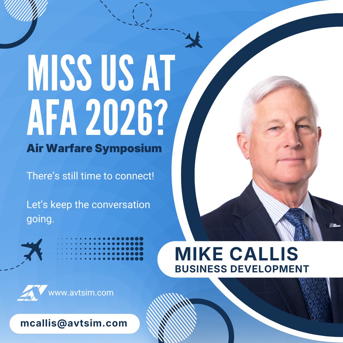 AVTSimulation's tweet photo. The #AFA #AirWarfareSymposium wraps up today, and we hope you had the chance to connect with Mike Callis while he was there representing AVT Simulation. 
📞Reach out today to learn how our simulation solutions support operational readiness and acquisition priorities. https://t.co/IY20Nvm3P4