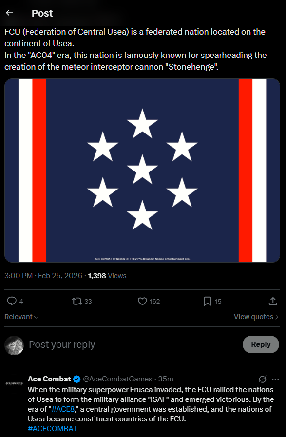 Lol so thanks to the official #ACECOMBAT8 account we now know what kind of thing the FCU is, its the nation of the European Union, which in turn went on to found the European Union, including other nations, of which it the European Union is a member, a double federation lol.