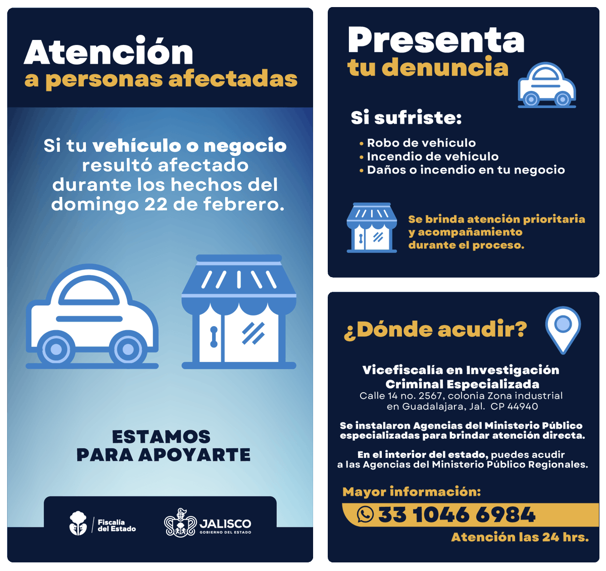 FiscaliaJal's tweet photo. 📢 Si fuiste víctima de los hechos del 22 de febrero, presenta tu denuncia.

Acude a la Vicefiscalía en Investigación Criminal Especializada (Calle 14 No. 2567, Zona Industrial, Gdl)

📲 Teléfono o WhatsApp: 33 1046 6984

En el interior del estado, acude a las Agencias Regionales https://t.co/nZQCZ8CJWZ