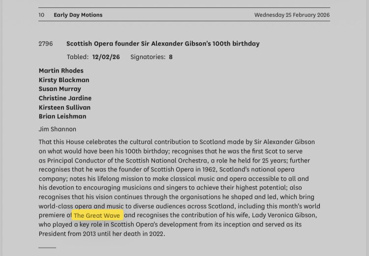 daifujikura's tweet photo. opera “The Great Wave” was subject to an Early Day motion in both the Scottish &amp; UK parliaments. Wonderful that the premiere was associated with the Centenary of Scottish Opera’s founder, A. Gibson’s centenary. Hope he is proud that we delivered Scotland sold out world premieres https://t.co/YpNBkkpSPF