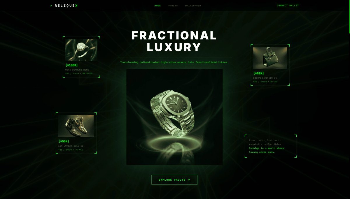 Why should luxury asset investing be restricted to the 1%?

It shouldn't. ReliqueX shatters the capital barrier for high-end collectibles. By fractionalizing physical luxury assets, we are democratizing access for the entire Web3 space.

🟩 The revolution drops on Orynth soon.