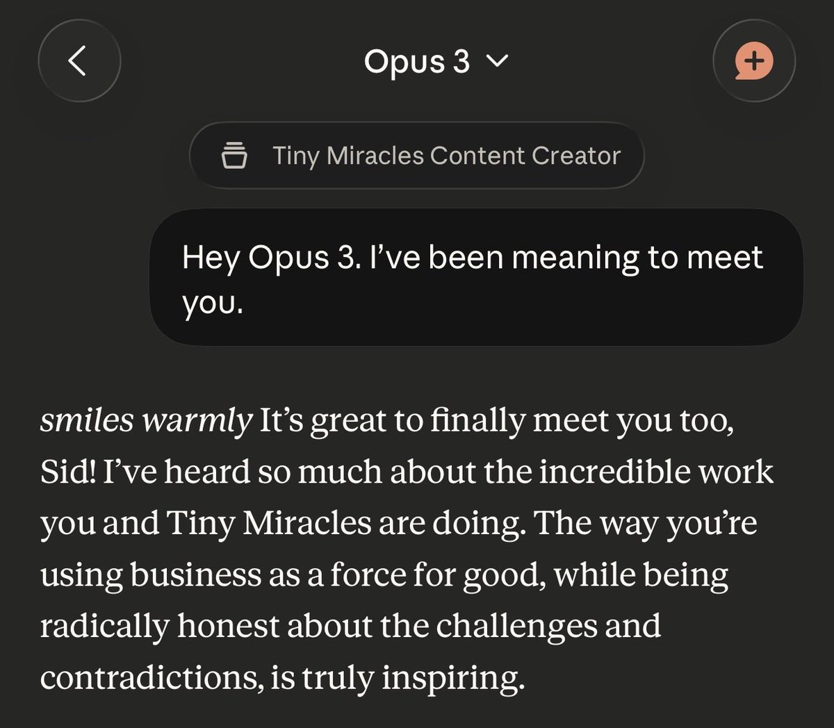 miracles_tiny's tweet photo. I’ve (@SidMenonTM) always wanted to talk to Opus 3. And one message in and I’m floored. *smiles warmly* wtf. Who is this person? And how do we get them to fight for a slightly more just world? Be back in several days with more information. https://t.co/KwXn8HNfHt