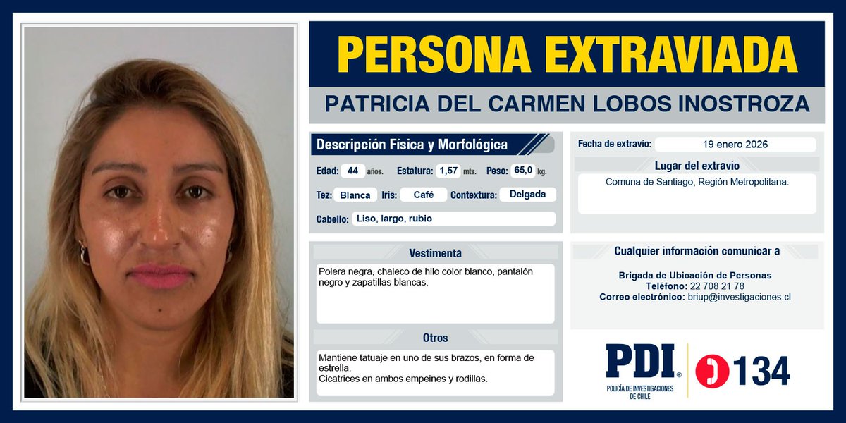 PDI_CHILE's tweet photo. ⭕️Ayúdanos a encontrar a:  Patricia del Carmen Lobos Inostroza, extraviada desde el 19 de enero de 2026, en la comuna de Santiago, Región Metropolitana.   

Más detalles en: https://t.co/lcagZJ8lC8 https://t.co/RVUkWjExpM