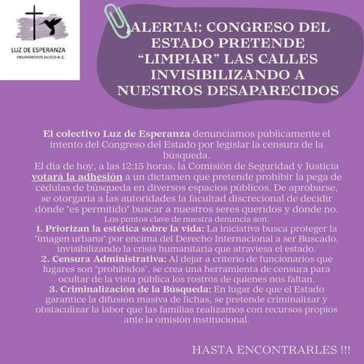 #ATENCIÓN| El Colectivo <a href="/LuzEsperanz_ofi/">luz_de_esperanzaOficial</a> nos #Alerta. 

#Inadmisible que   en medio de la crisis de violencia en #Jalisco agudizada por los operativos rececientes el <a href="/LegislativoJal/">Congreso de Jalisco</a> pretenda aprobar este dictamen.

Exhortamos a respetar el trabajo de los #ColectivosDeBusqueda