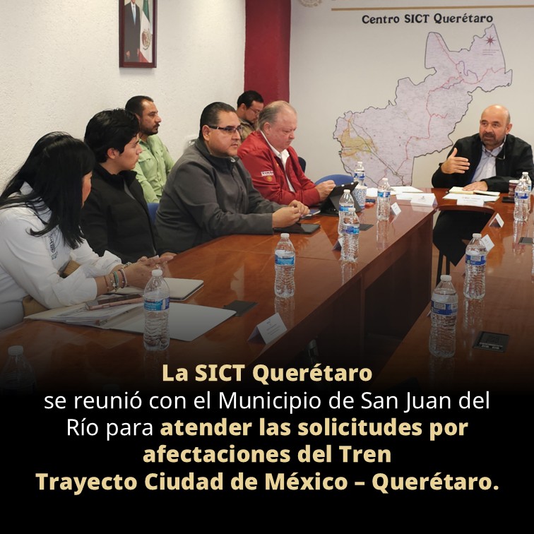 La SICT Querétaro atiende las solicitudes del municipio de San Juan del Río para resolver las afectaciones derivadas de la construcción del Tren México-Querétaro. 🚆🇲🇽 
Trabajamos en conjunto por la movilidad y el bienestar de la región. 🏗️🛣️
#sanjuandelrio