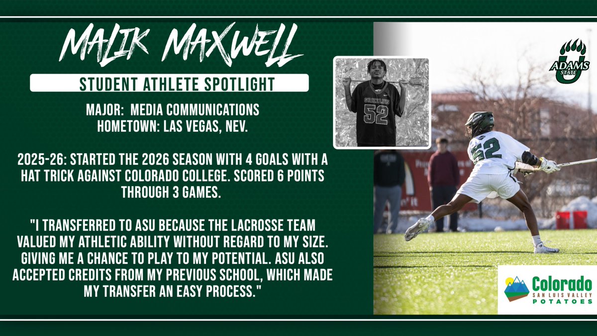 ASUGrizzlies's tweet photo. 🥔🥍 Student-Athlete Spotlight | Sponsored by Colorado Potato

Malik Maxwell earns this week’s spotlight after firing in a hat trick (3 goals) against Colorado College.
A big-time performance on the attack.

#GoGrizzGo https://t.co/FETg1OTVBP