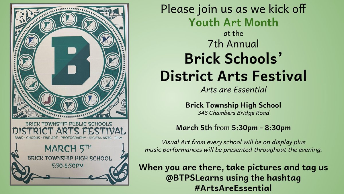 Brick_K12's tweet photo. Mark your Calendars! March is Youth Arts Month and the BTPS District Arts Festival is Thursday, March 5th! Visual Arts from every school will be on display with musical performances throughout the evening! It's truly a spectacular event! @BrickSupt @BTPSLearns  #ArtsAreEssential https://t.co/JqOxmRBGJU