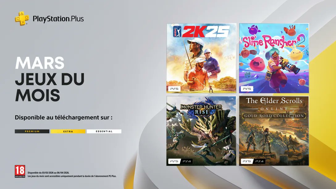 Les jeux #PlayStation de mars...

• PGA Tour 2K25
• Monster Hunter Rise
• Slime Rancher 2
• The Elder Scrolls Online Collection: Gold Road

Perso il ferait une animation d'un 🖕 a l'allumage de la #PS5  c'était pareil 🤣
