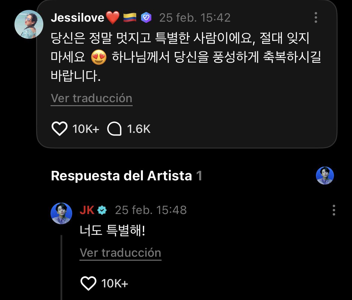 btsarmycol_'s tweet photo. 🇨🇴🐰💜 JUNGKOOK RESPONDE A ARMY COLOMBIANA EN WEVERSE

Una ARMY de Colombia comentó:

“Eres una persona realmente increíble y especial, nunca lo olvides 😍
Espero que Dios te bendiga abundantemente.”

Jungkook le respondió:

“¡Tú también eres especial!”

Una interacción corta, pero llena de calidez y cariño que está emocionando a ARMY, especialmente a Colombia 🥺💜

#JUNGKOOK #정국 #BTS #Weverse #BTSARMY #Colombia