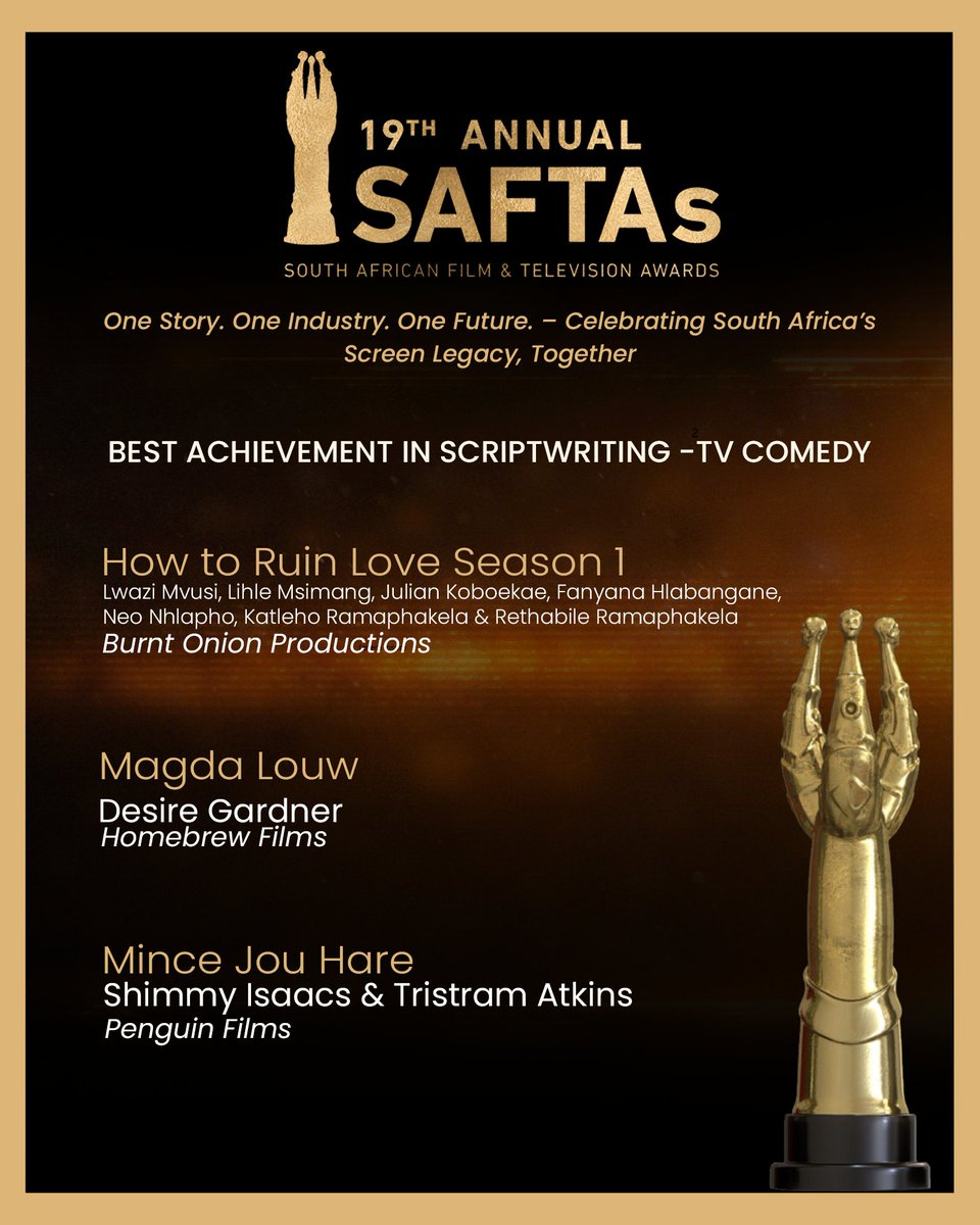Congratulations to the nominees in the Best Achievement in Scriptwriting - TV Comedy!🎉

#SAFTAs #saftas19 #nominees