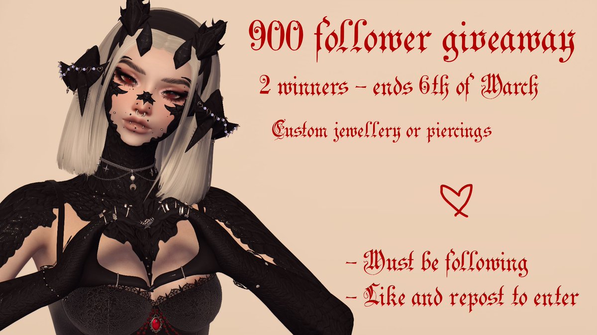 windupskadi's tweet photo. 900 follower giveaway! 2 winners, ends march 6th
- must be following
-like &amp; repost to enter
For custom jewellery/piercings! :D
Thank you for all the love on my gposes/mods🫶🖤 https://t.co/vmqEHB6edr