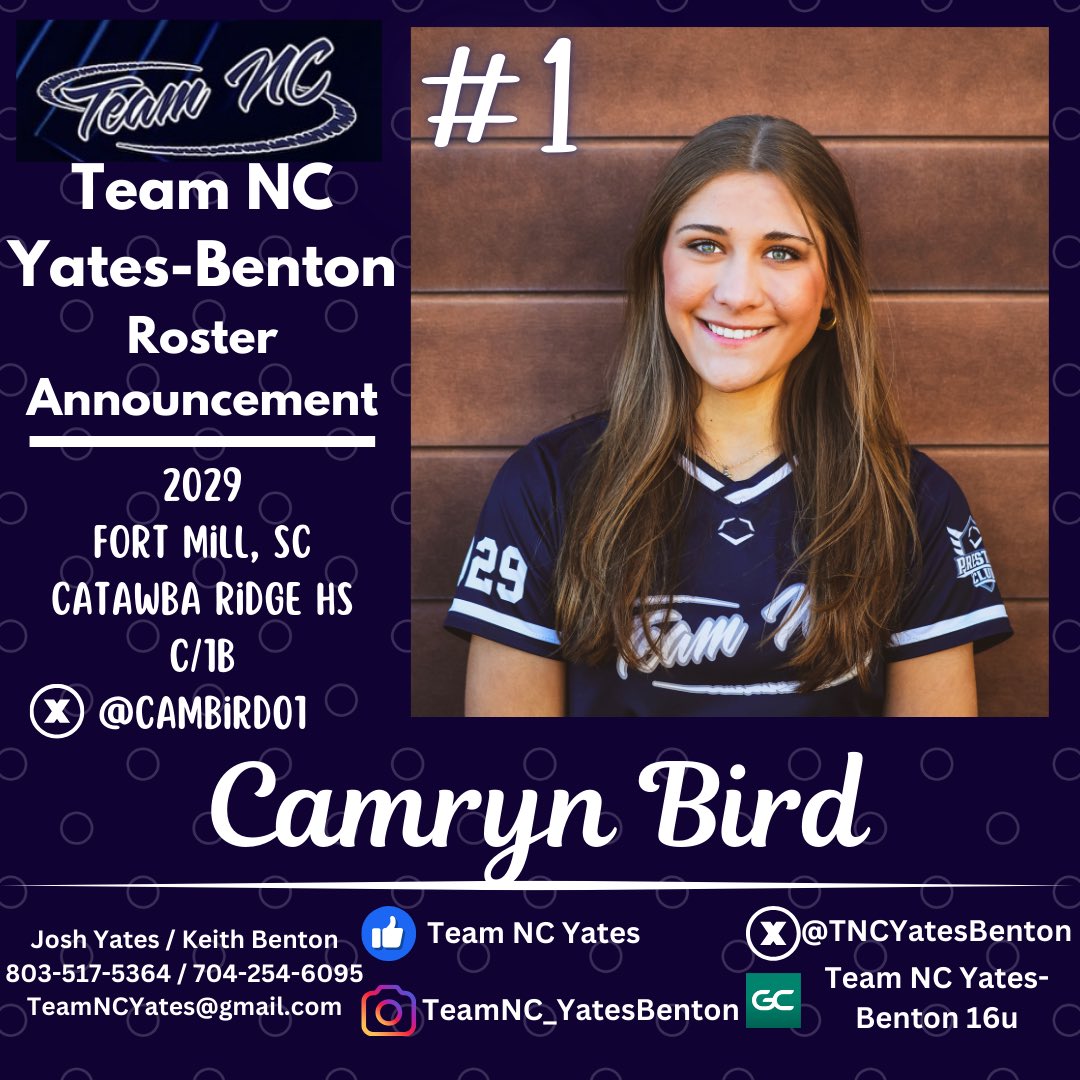 TNCYatesBenton's tweet photo. #1 @CamBird01 Camryn Bird
Freshman on @CatawbaRidgeSB Vars. Her presence behind the plate &amp; leadership set the tone.

• 2024 JV Best Defensive Player
• 2024 4A State Champ (CR)
• 2025 5A-D2 State Champ (CR)
• Extra Inning #27 SE Catcher (2029)
• Extra Elite 100 #91 Catcher https://t.co/DXZDspHzJZ