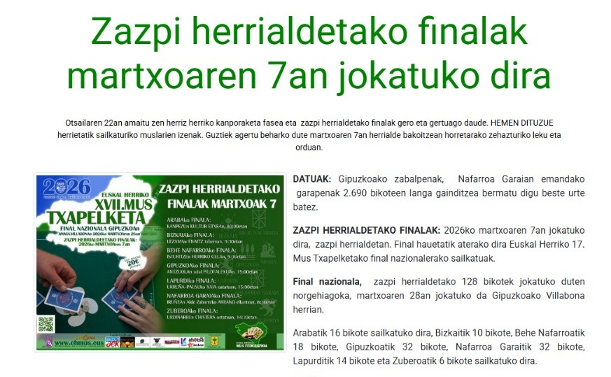 #EHmus Zazpi herrialdetako finalak martxoaren 7an jokatuko dira HEMEN DITUZUE herrietatik sailkaturiko muslarien izenak. Euskal Herri osoko 2690 bikote baino gehiagok parte hartu dute, 237 herri/gunetan!
 Informazioa eta zerrendak: ehmus.eus/eu/zazpi-herri…