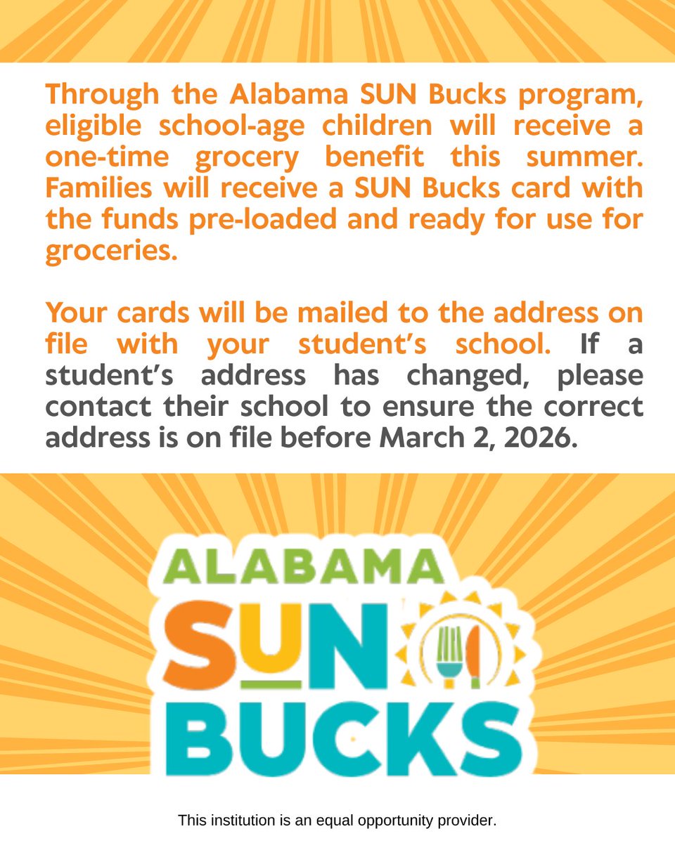 Alabama SUN Bucks are coming! 🌞 Eligible families can get a one-time $120 grocery benefit per child this summer. Update your info in PowerSchool by March 2 to ensure timely delivery.

🔗 Learn more: alabama-sunbucks.com

#lovedothan #dothancityproud #lovedothancityschools