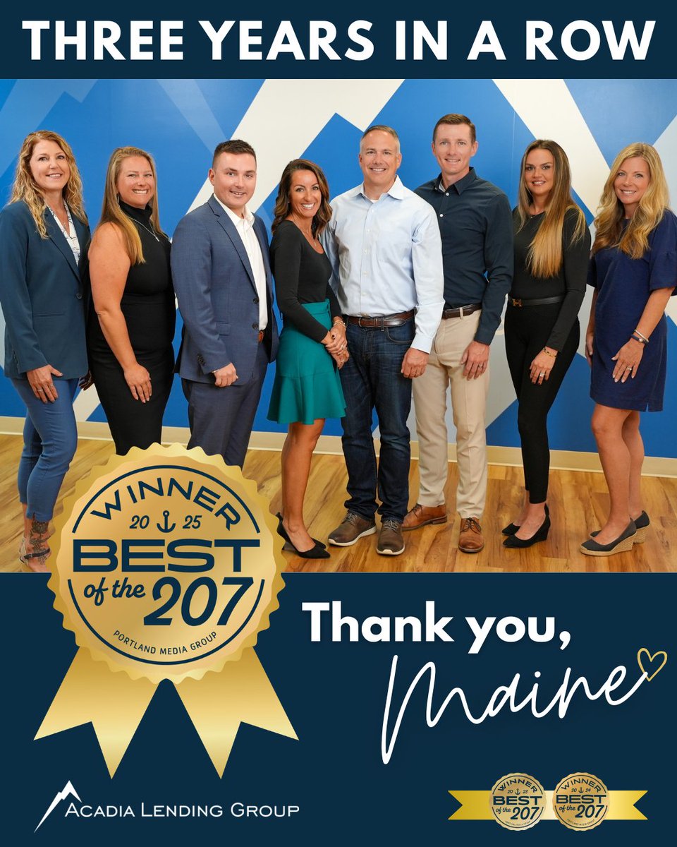 AcadiaLending's tweet photo. Three straight Gold wins. 🥇

Acadia Lending Group has been named Best Home Mortgage Lender in Maine in the Best of the 207 contest for the third year in a row.

Thank you to everyone who voted and continues to trust us!

NMLS 370636 https://t.co/3JFl31G23C