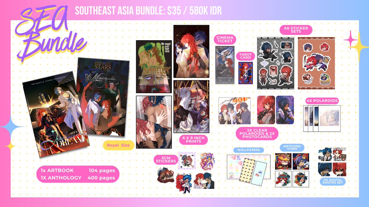 The SEA Bundle is here!! 🌟 

ONLY FOR SOUTHEAST ASIA. Please refer to the jotform links ⤵️

This bundle contains 2 books, flat merch, and stretch goals. Acrylic merch, shimejis, and the NSFW add-on are NOT available in this bundle. 

📅 Closes on MARCH 25