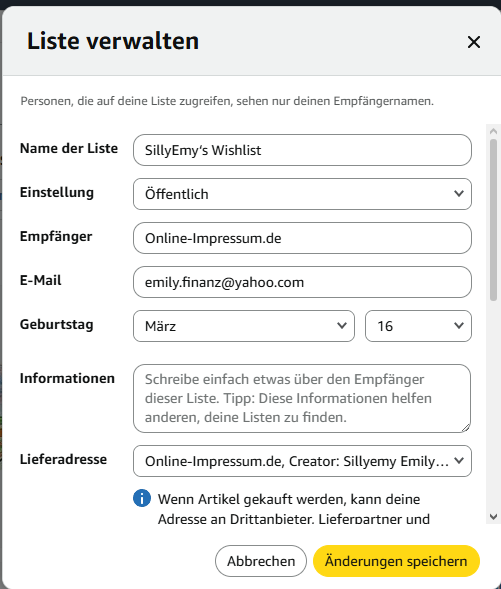 SillyEmy's tweet photo. Wirklich wichtiger Tipp von mir:
Nehmt eure Amazon Wunschlisten erstmal privat und besorgt euch ein Online Impressum, die auch Pakete für euch annehmen!
Man kann die Listen konfigurieren und dann das Impressum angeben. Privatsphäre richtig und wichtig.