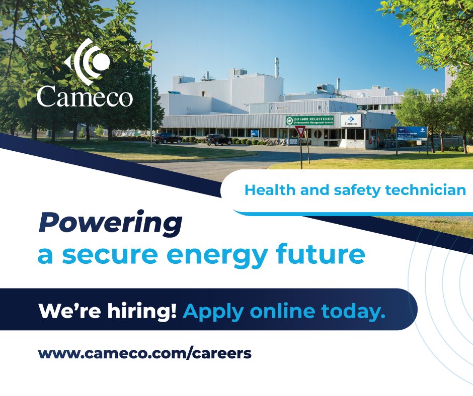 Energize your career with Cameco and help us to power a secure energy future. The Blind River Refinery currently has an open position for a health and safety technician. Apply online today! ow.ly/KLT850Ym88J