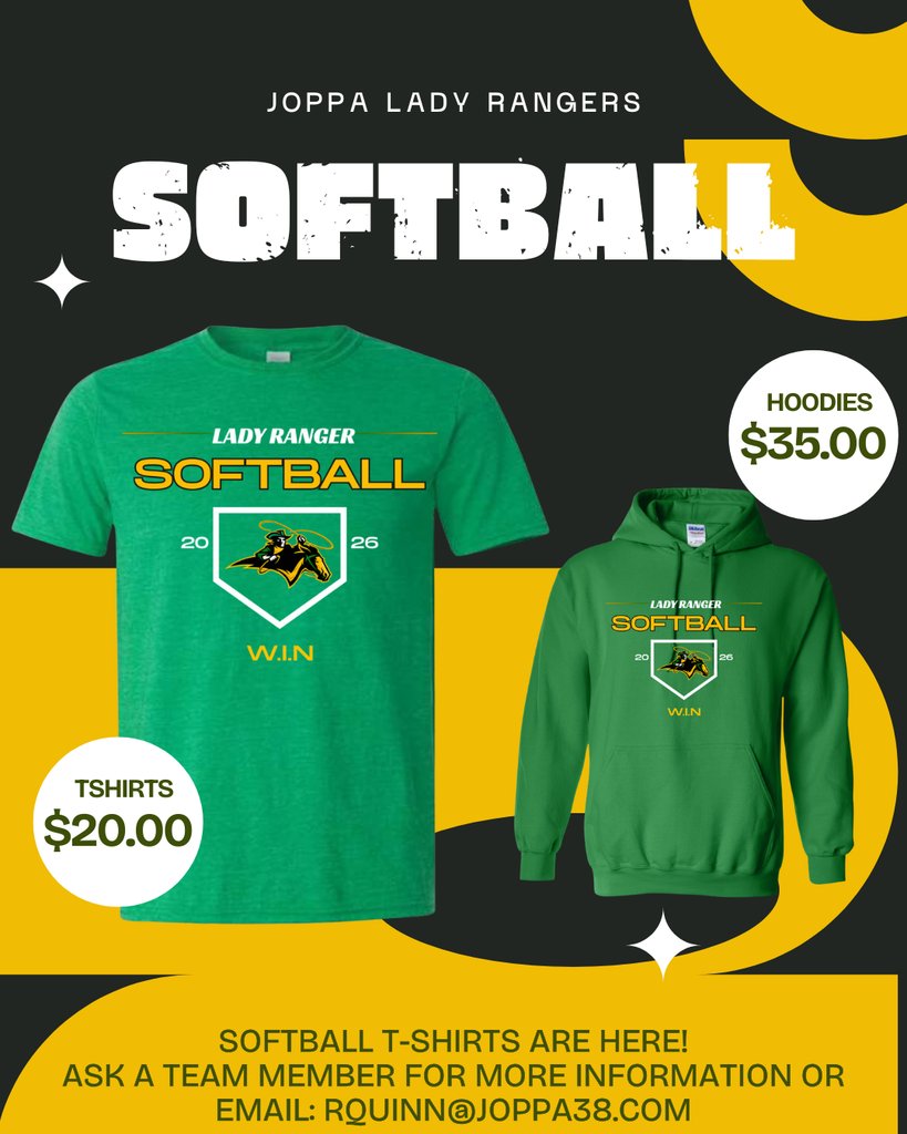 T-Shirts &amp; Hoodies are now on sale to help fund the upcoming softball season.
To order, email Coach Quinn at rquinn@joppa38.com or contact a Lady Ranger player.

Thank you for supporting our team! 💚💛