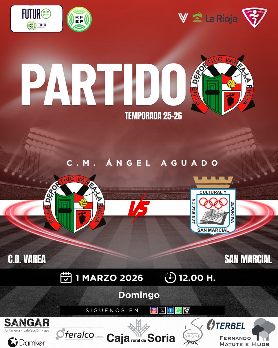 vareaoficial's tweet photo. 🔴⚪ Nueva cita en el Ángel Aguado.
🗓️ Domingo, 1 de marzo · 12:00 h
📍 C.M. Ángel Aguado
⚔️ San Marcial
💪 Seguimos en dinámica positiva y queremos tres puntos más en casa para mantenernos arriba.
#VamosVarea ❤️🤍 #TerceraFederación https://t.co/cq9n8OdYXX