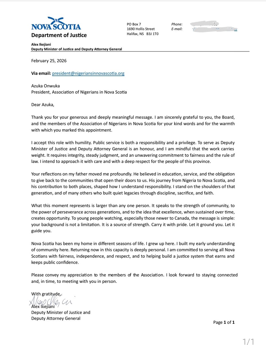 The Deputy Minister of Justice and Deputy Attorney General of the Province of Nova Scotia, Alex Ikejiani, thanks the Association of Nigerians in Nova Scotia.