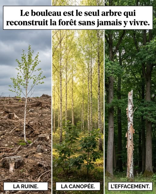 Le bouleau est le seul arbre qui reconstruit la forêt sans jamais y vivre
La ruine — là où le feu, la tempête ou la coupe rase n'ont laissé que de la terre nue, le bouleau verruqueux est le premier arbre à germer. Ses graines de 1 mm voyagent à plusieurs kilomètres portées par le