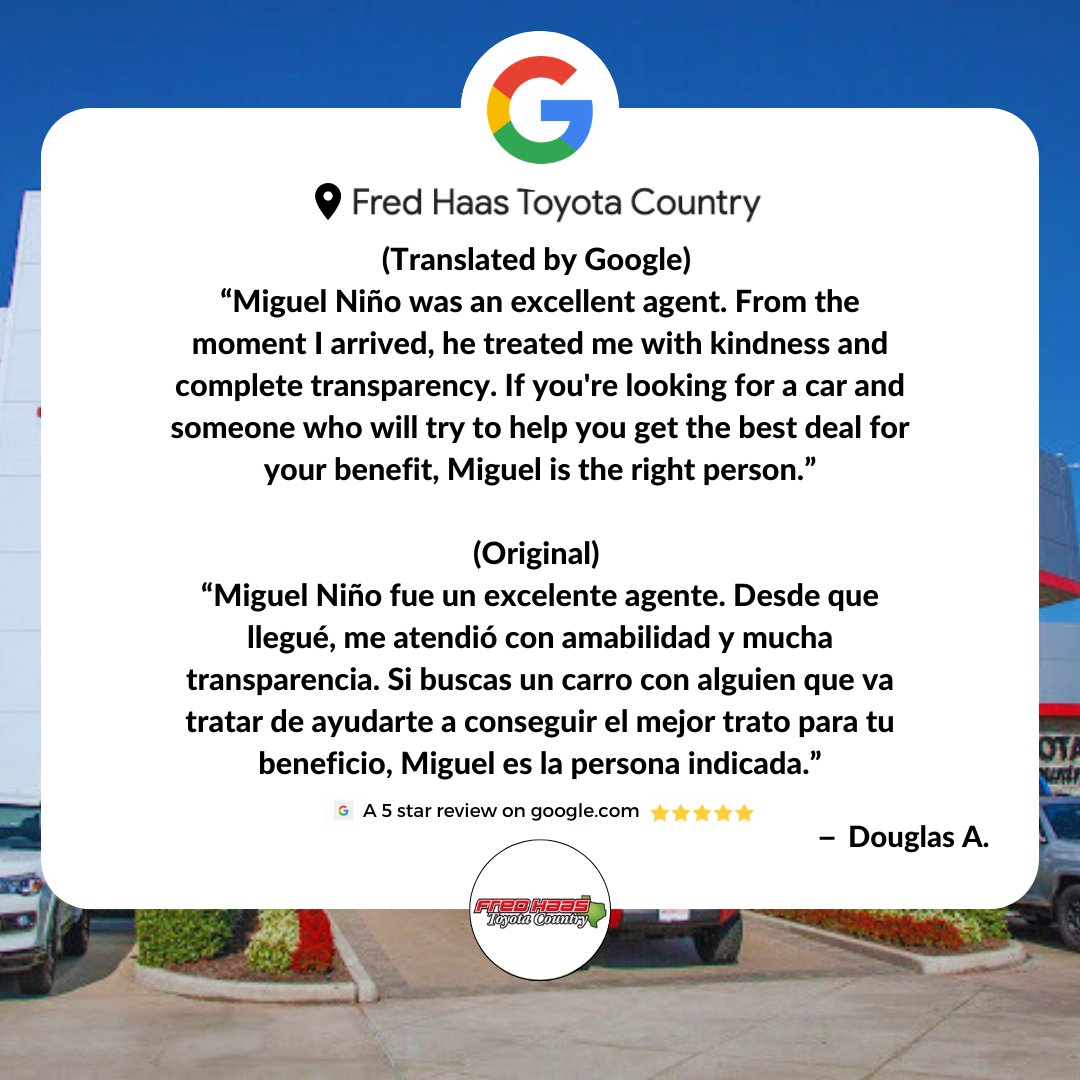 Hola Douglas — gracias por tomarse el tiempo de dejarnos una excelente reseña! Esperamos poder servirle de nuevo en un futuro. 🤝 #Houston #Toyota #HappyCustomers