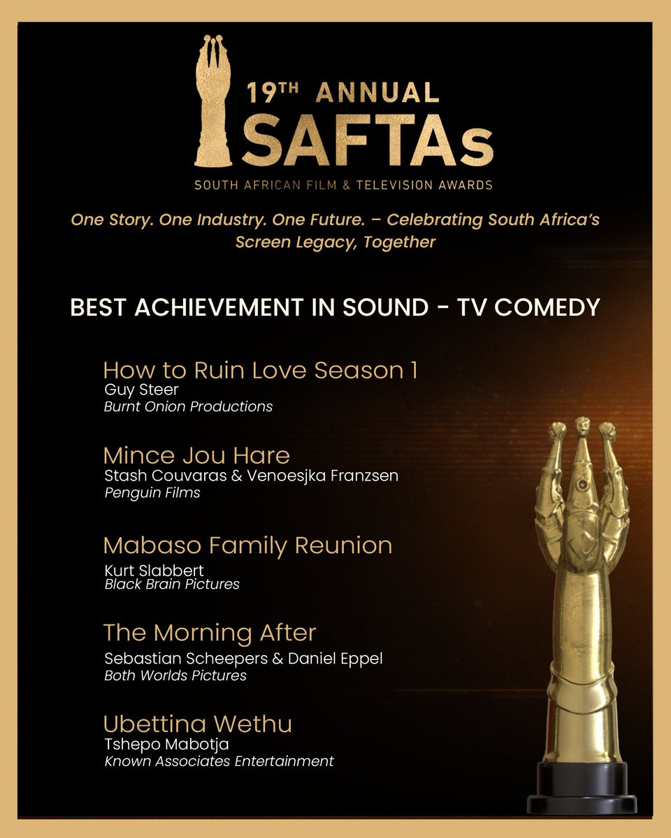Congratulations to the nominees in the Best Achievement in Sound - TV Comedy!🎉

#SAFTAs #saftas19 #nominees