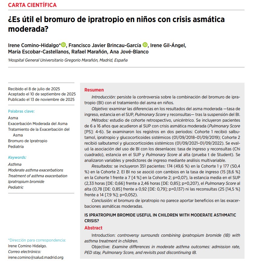 🫁 ¿Ipratropio en crisis asmática moderada pediátrica?, esto se preguntó un SUP y en #emergenciasseup  los resultados
✅351 pacientes (6–16 años)
🔹 2018–2019 → Salbutamol + corticoides + ipratropio
🔹 2021–2022 → Salbutamol + corticoides
✅No diferencias significativas en:
❌