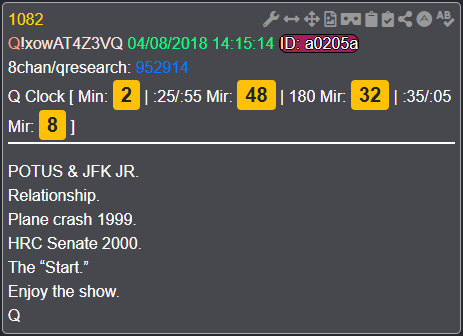SergeantJBP's tweet photo. I was looking through the drops on the clock that hit all MARKERS today and I felt compelled to share this one.  Q-Drop 1082, FOR ME is one of the only posts that directly TELLS ME, JFK JR. is in fact, STILL ALIVE. 

Q confirms the "Time-Line".

Period.

Enjoy The Show!

WWG1WGA!
NCSWIC!
MAGA!
Q+
Q

Semper Fidelis,

Sgt Petree