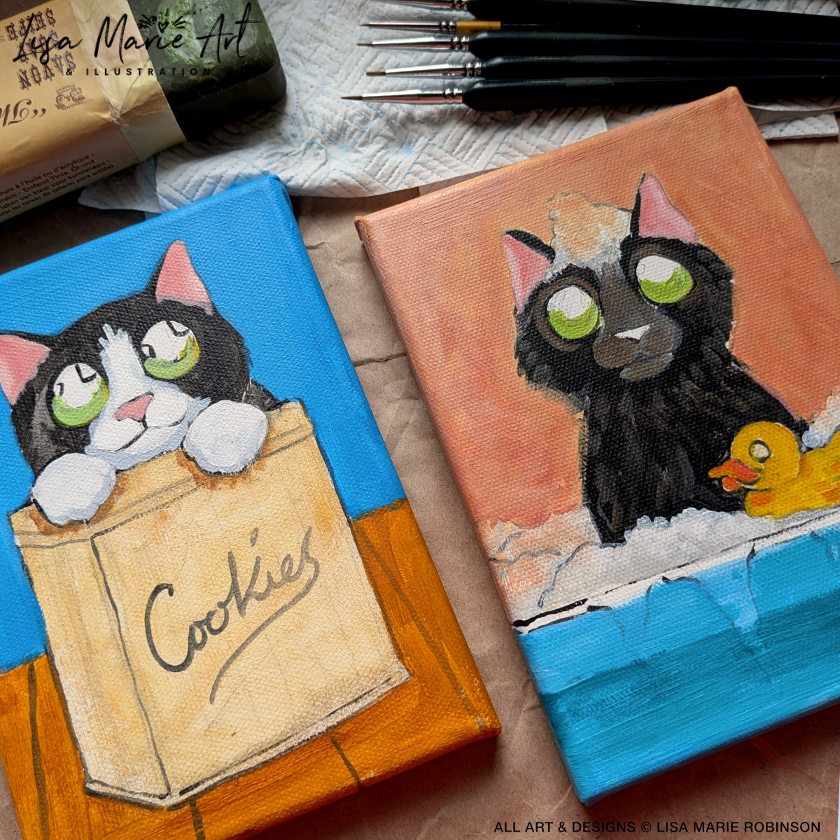 Getting reacquainted with canvas today 🎨 Two cats in progress: one in a cookie tin, one in a bath. 18x12cm. Still very much at the messy stage. I prefer working on paper but I'm making it work! #CatArt #WIP #PaintingProcess