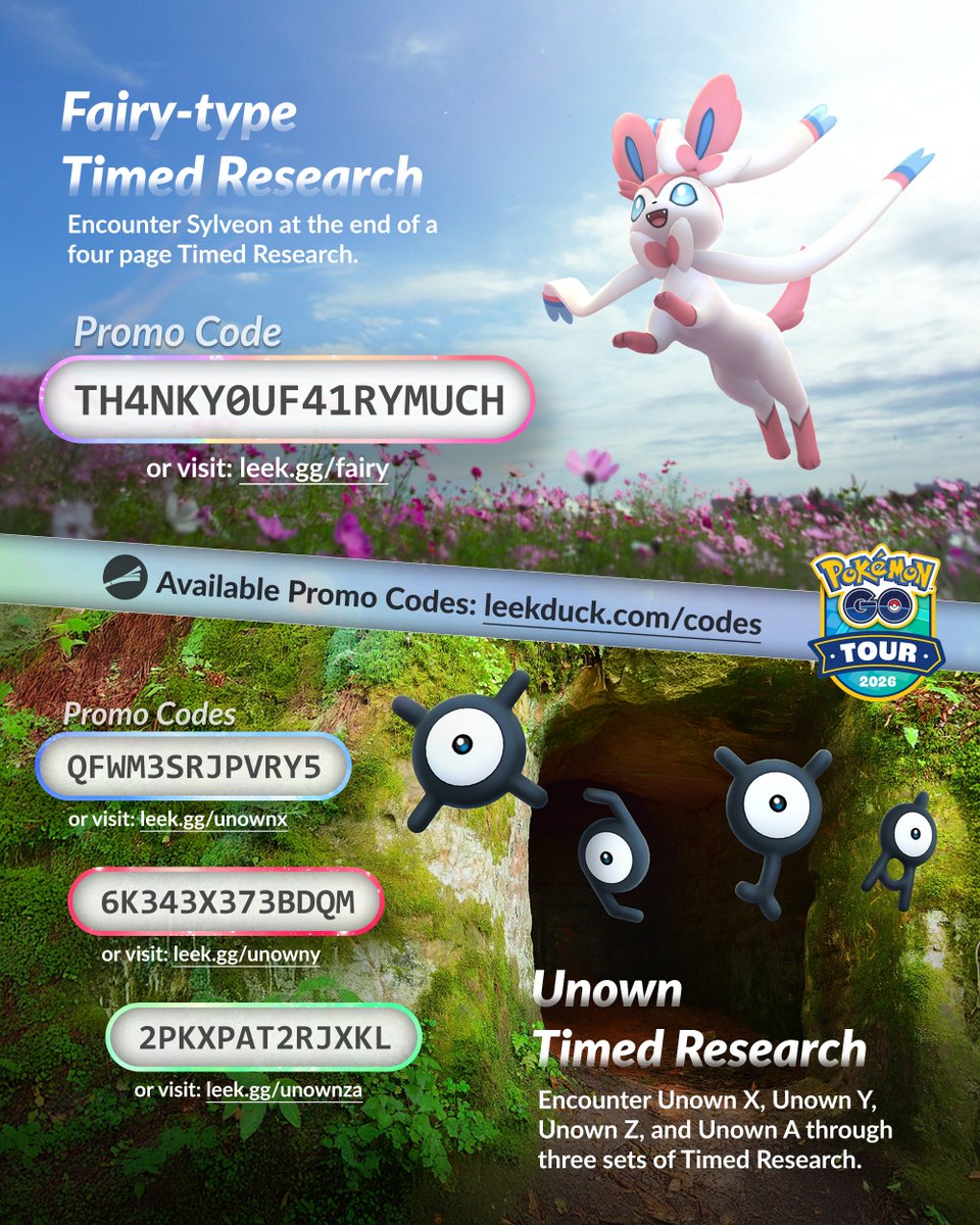 Don't miss out on these promo codes for Pokémon GO Tour: Kalos. 

Encounter Sylveon and Unown from free Timed Research through these Promo Codes.

TH4NKY0UF41RYMUCH
QFWM3SRJPVRY5
2PKXPAT2RJXKL
6K343X373BDQM

Available Promo Codes: leekduck.com/promo-codes/