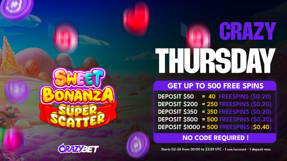 The sweetest free spins you’ll find out here 🍭

🎁 Get up to 500 Free Spins today on Sweet Bonanza Super Scatter
💵 Wager your deposit and collect your Free Spins
⏰ Available today from 00:00 to 23:59 UTC

Drop your CrazyBet ID below for a chance to win 50 Free Spins 👇