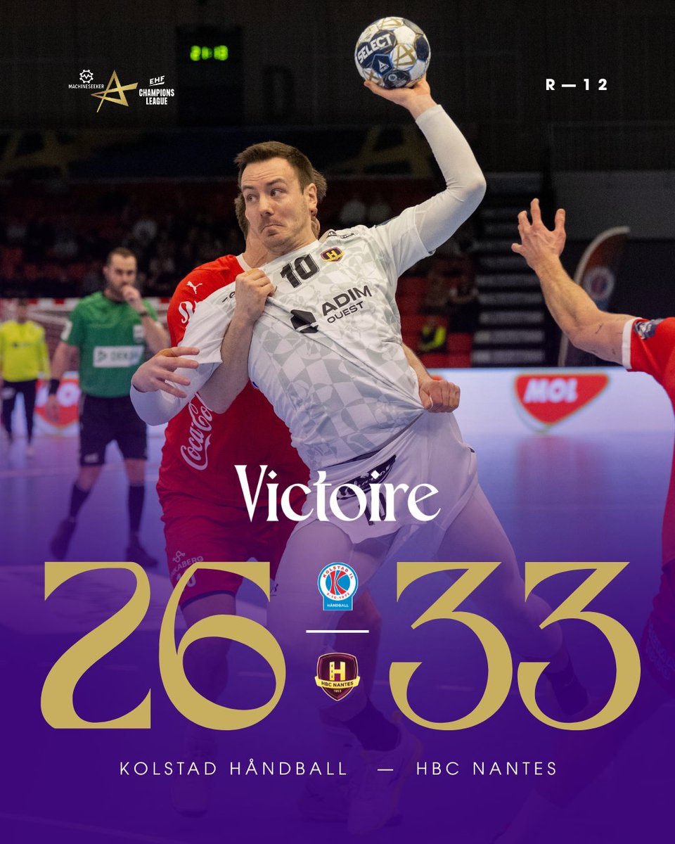 HBCNantes's tweet photo. 𝐕𝐈𝐂𝐓𝐎𝐈𝐑𝐄 ✅

Solide en Norvège, le HBC Nantes s'impose face à Kolstad et assure la qualification pour les 1/8èmes de finale de Ligue des Champions. 

Bravo 👏

#KOLSTADHBCN https://t.co/EKJMJkLnUb
