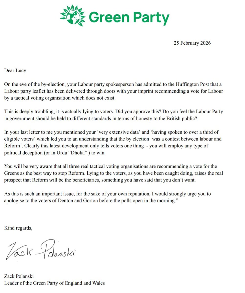 Dear <a href="/LucyMPowell/">Lucy Powell MP</a>,

Why did you invent a fake tactical voting company to stop the Green Party beating Reform?

I'm starting to think your letters haven't always been in good faith...