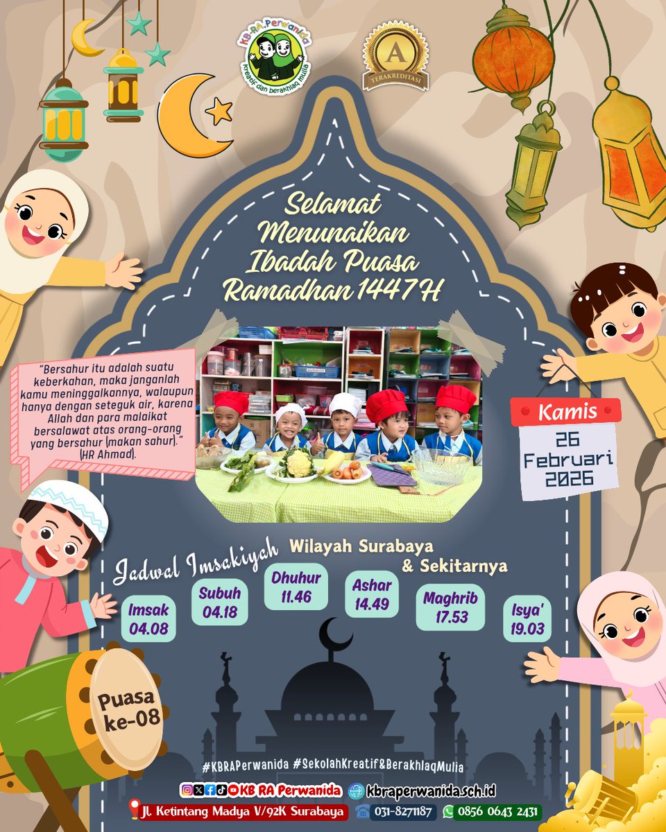 Assalamu'alaikum
Alhamdulillah hari ini memasuki puasa hari yang ke-8
Apakah kalian masih semangat untuk mencari keberkahan di Bulan Ramadhan?
Jangan lupa selalu makan sahur ya, kalau tidak sempat boleh dengan seteguk air.

#KBRAPerwanida #Ramadhan #puasaday8 #sahur