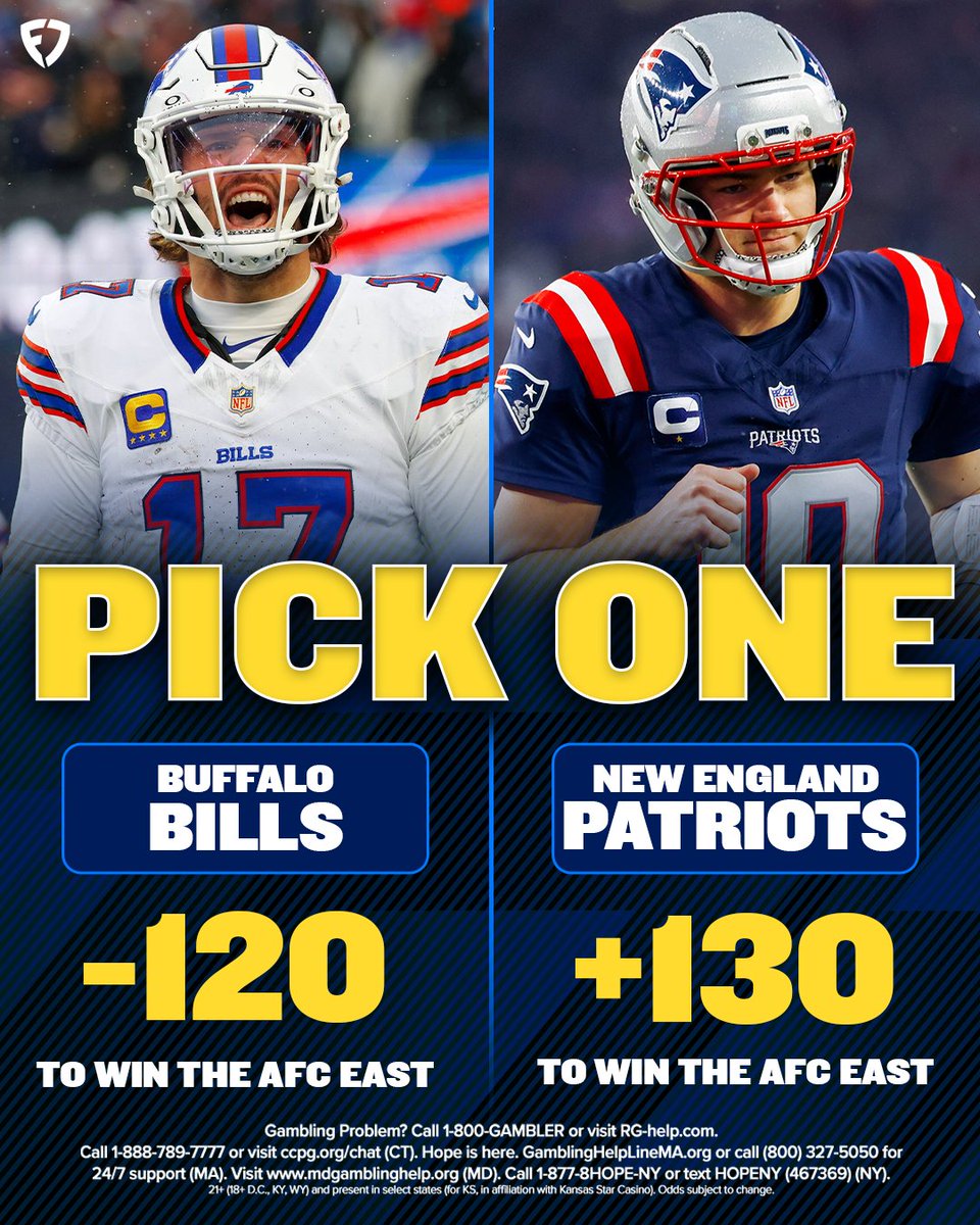 FanDuelSports's tweet photo. Who wins the AFC East next season? 🤔

❤️ for Bills 
🔁 for Patriots https://t.co/SQPDJZfJcv