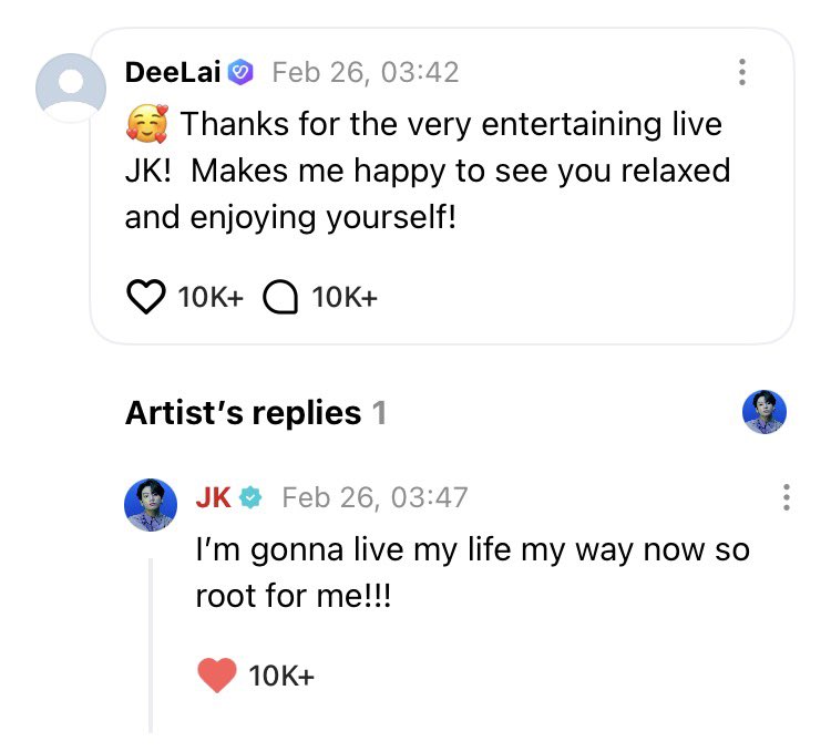 “ขอบคุณสำหรับไลฟ์ที่สนุกมากนะ JK!
ดีใจที่ได้เห็นคุณผ่อนคลายและมีความสุขกับตัวเอง”

🐰ต่อจากนี้ผมจะใช้ชีวิตในแบบของผมแล้วนะ เพราะงั้นช่วยเชียร์ผมด้วยนะ!!!