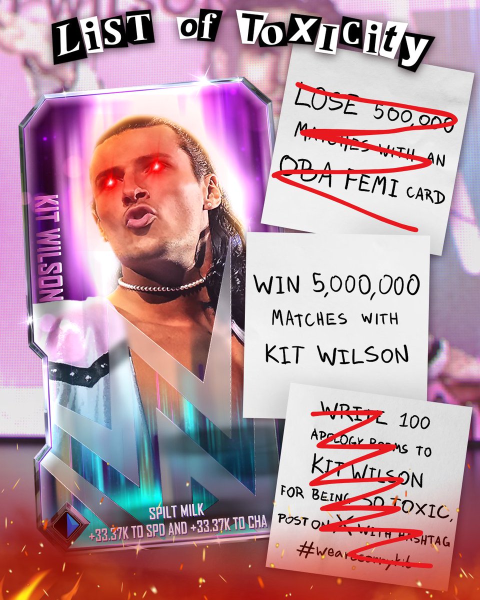 That's 500k losses with the so-called "Ruler", and we're feeling a bit better. About 2M more wins with Kit, and all will be forgiven. 

Code: THERULEROFTOXIC
wwesupercard.com/redeem