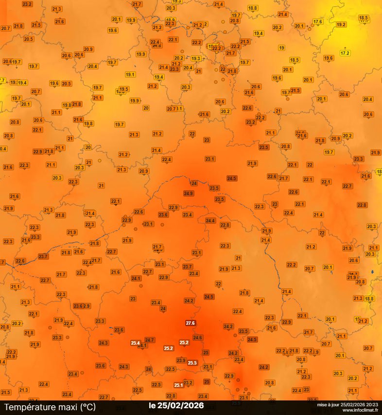 [Douceur record ce 25 février 2026 sur le Centre - Val de Loire]

Ce 25 février 2026 restera une journée MÉMORABLE tant la douceur a été impressionnante sur notre <a href="/RCValdeLoire/">Région Centre-Val de Loire</a> : on a très localement atteint le seuil de chaleur (T°C = ou > 25°C) dans le Sud de l’Indre !

NON, CE