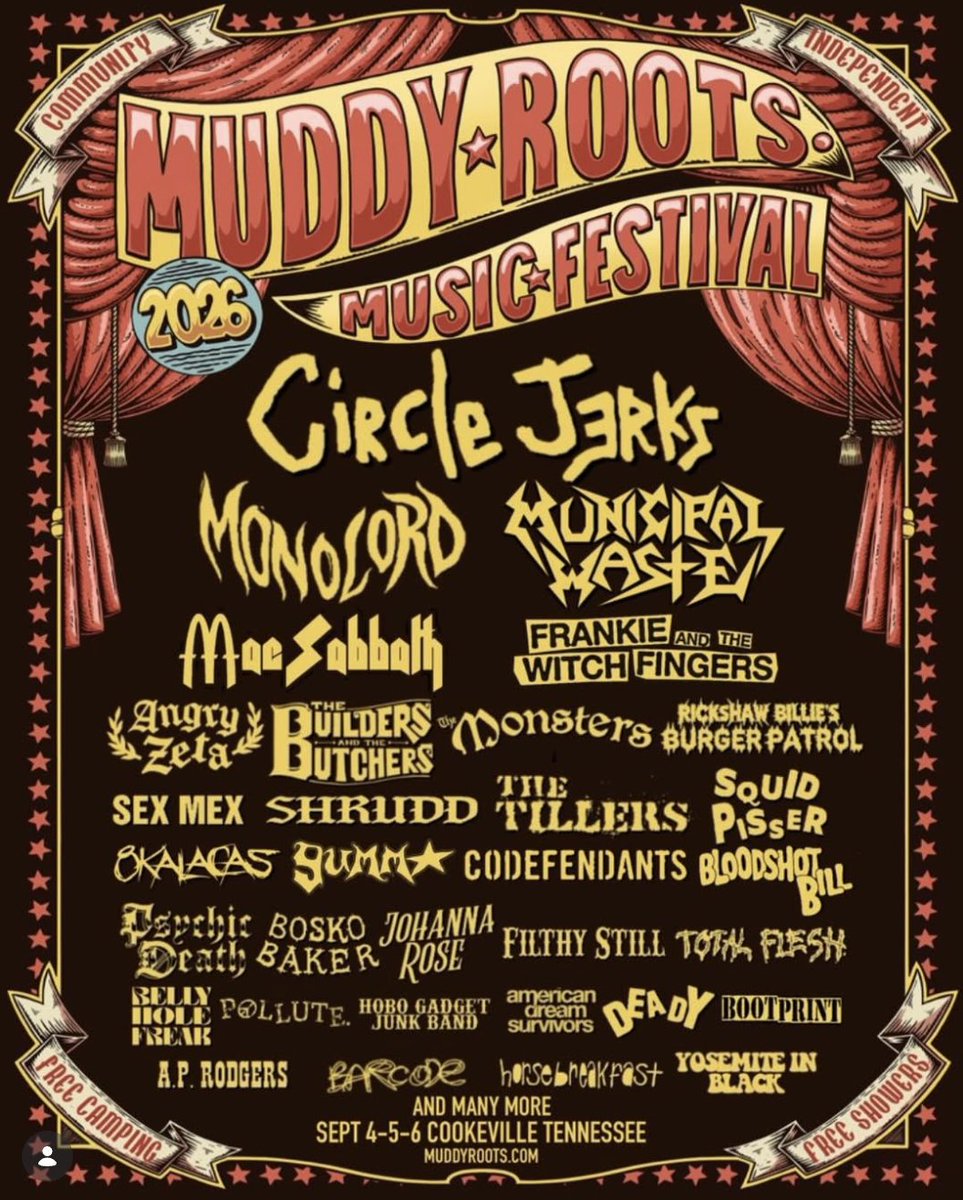 MacSabbath's tweet photo. @muddyrootsmusic 2026 @MacSabbath with @CircleJerksBand #monolord @MUNICIPALWASTE Sept 4-6 Free camping! Cookeville TN tix and info at https://t.co/SjOQGu43B6 #muddyroots #macsabbath #circlejerks #municapalwaste https://t.co/cUZZRJVDug