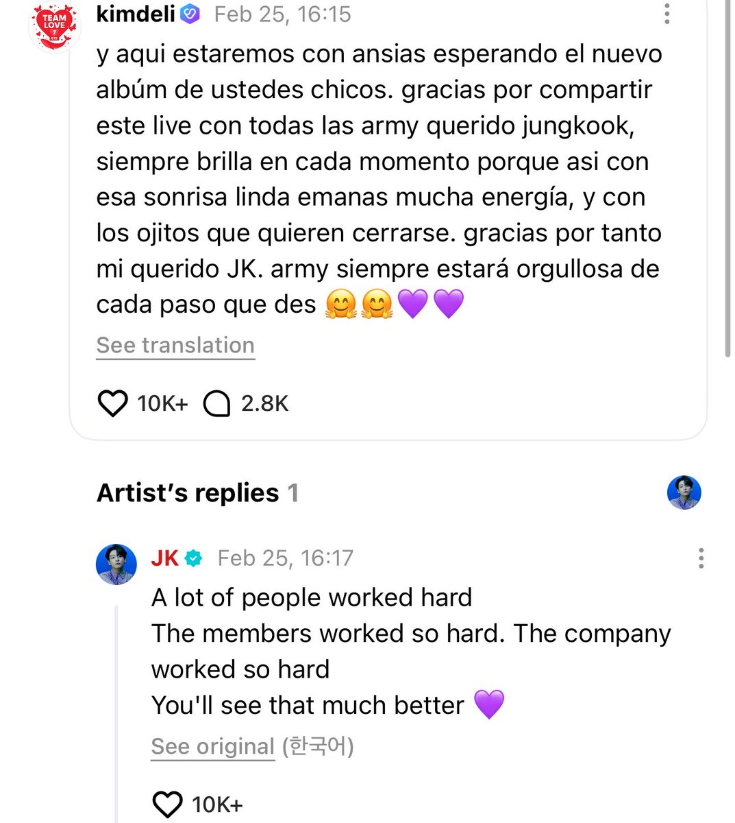“A lot of people worked hard
The members worked so hard. The company worked so hard
You'll see that much better💜”

😭😭💜💜