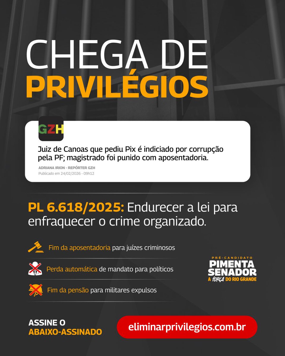 🚨REVOLTANTE! Juiz é indiciado por corrupção e a sua "punição" é a aposentadoria remunerada. 

Até quando vamos aceitar isso? 😤

Foi exatamente por situações absurdas como essa que apresentamos o PL 6.618/2025.

Nosso projeto propõe:
❌ Fim da aposentadoria para juízes