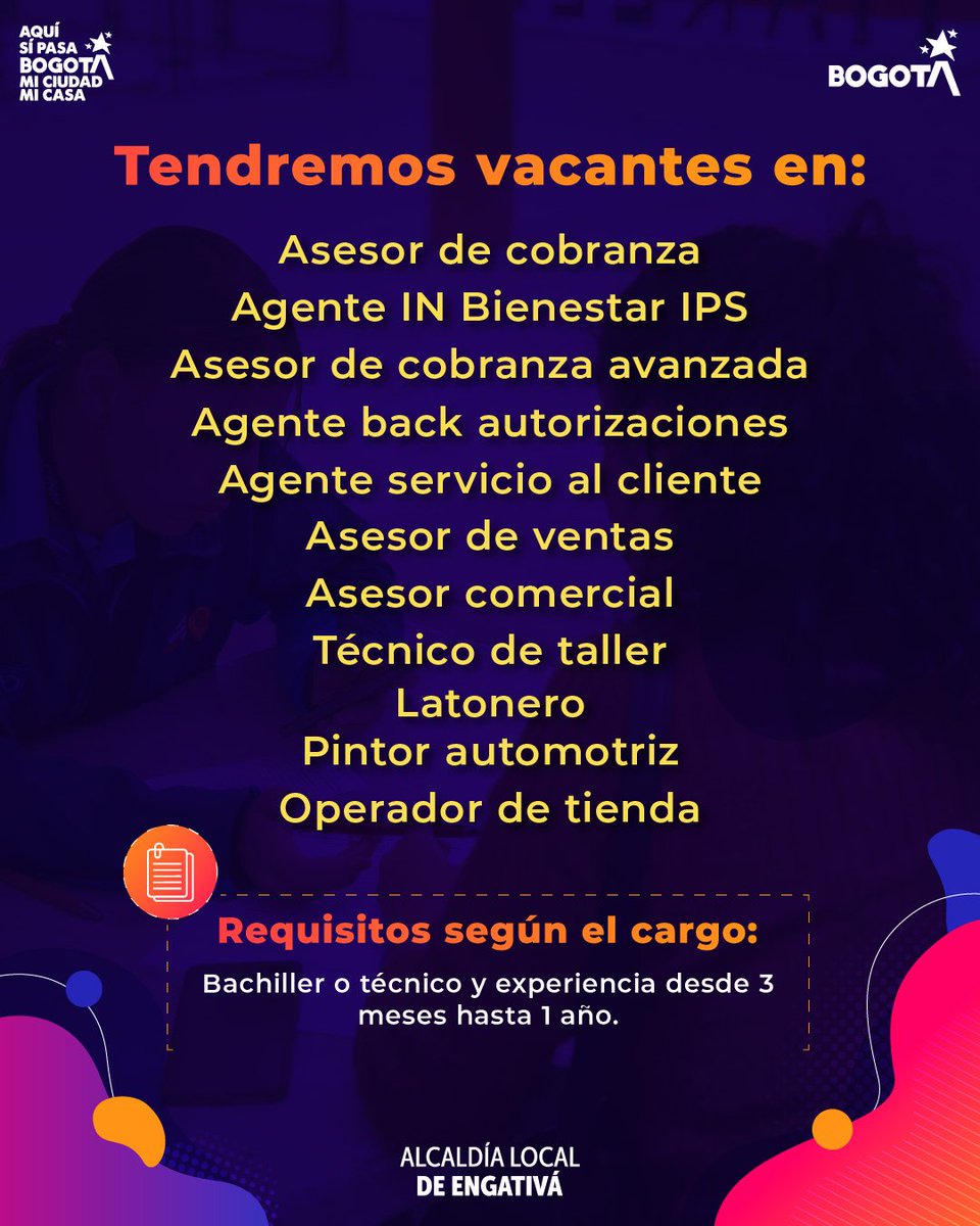 💼✨ Tu próximo empleo puede estar más cerca de lo que crees.

Este 26 de febrero te esperamos en el Parque Boyacá (9:00 a.m. a 1:30 p.m.) con vacantes para distintos perfiles.

Si tienes experiencia desde 3 meses, ¡anímate y da el paso!

#FeriaDeEmpleo #EngativáActiva✌🏻