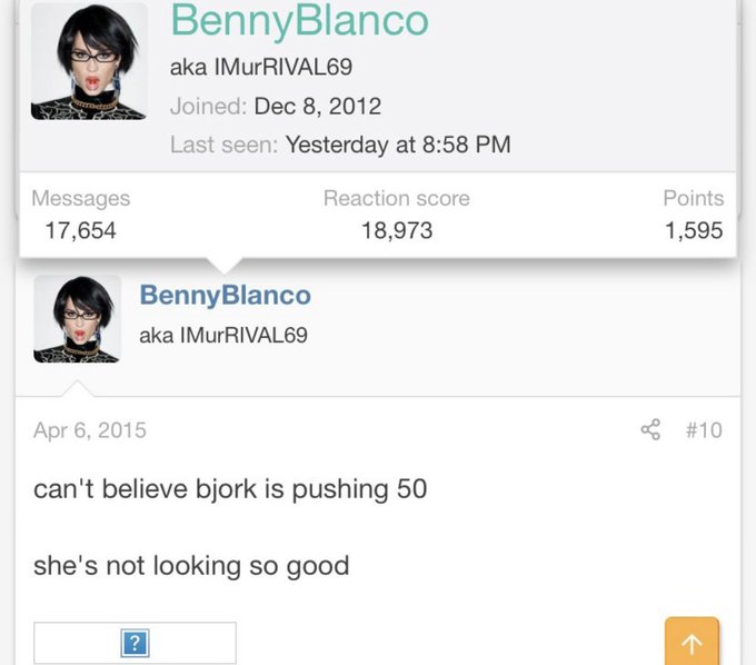 selenagomezbil's tweet image. Benny Blanco at his big age mocking Bjork appearance