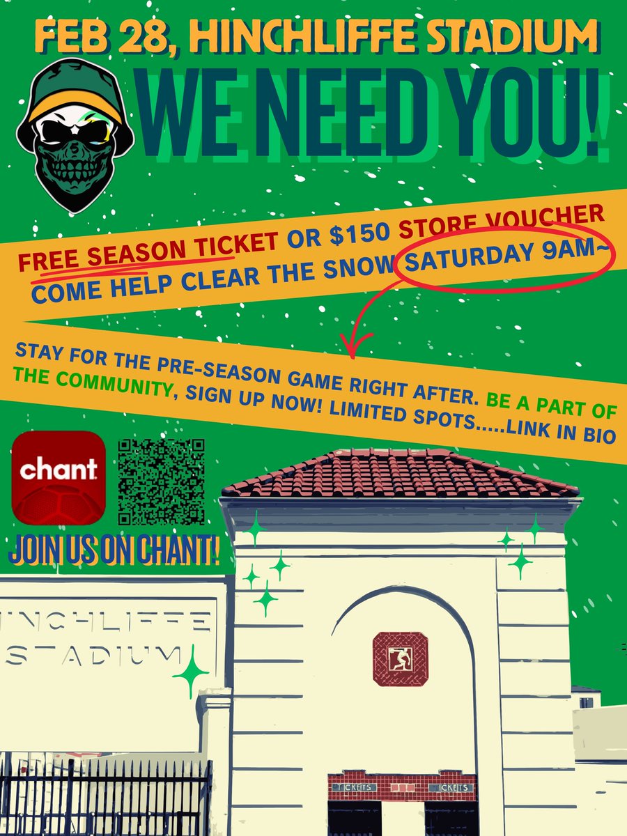 5_Points_NYC's tweet photo. Snow won’t clear itself. 

📍 Hinchliffe Stadium
🗓 Feb 28
⏰ Saturday 9AM
Come help clear the snow and earn a free season ticket or $150 stadium store voucher. Stick around for the preseason match and help get our house ready.
Limited spots, sign up now.
https://t.co/1wCFVOHlq4 https://t.co/c9bDcJRzQP