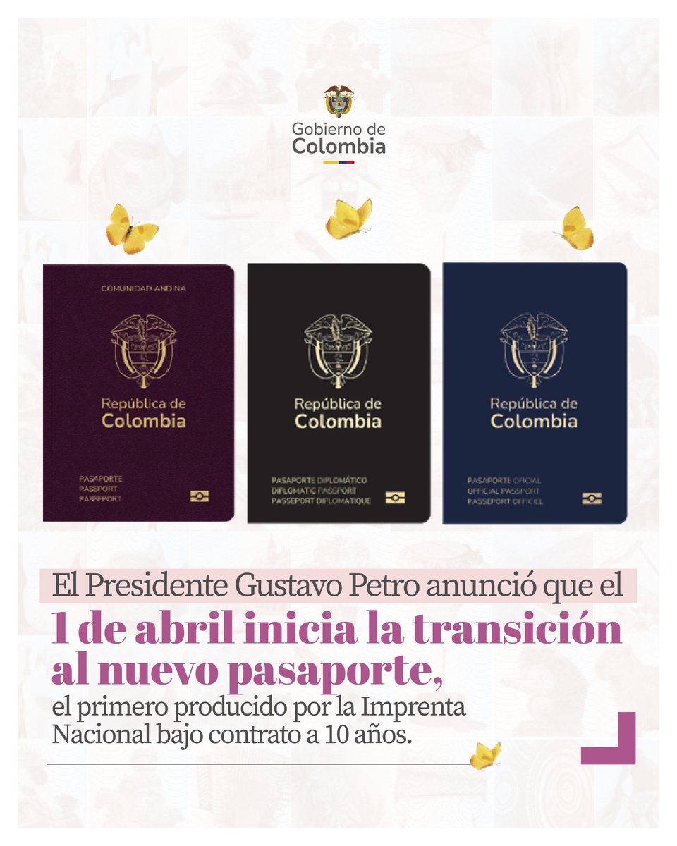 infopresidencia's tweet photo. El Presidente @PetroGustavo anunció que el 1 de abril inicia la transición al #NuevoPasaporteColombiano, el primero producido por la Imprenta Nacional bajo contrato a 10 años.

El documento incorpora imágenes en color real visibles bajo luz ultravioleta, marca de agua multitonal, microtextos y validación en línea en tiempo real, entre otros. 

“Es una nueva tecnología que implica seguridad para los colombianos y para el mundo”, afirmó el mandatario.