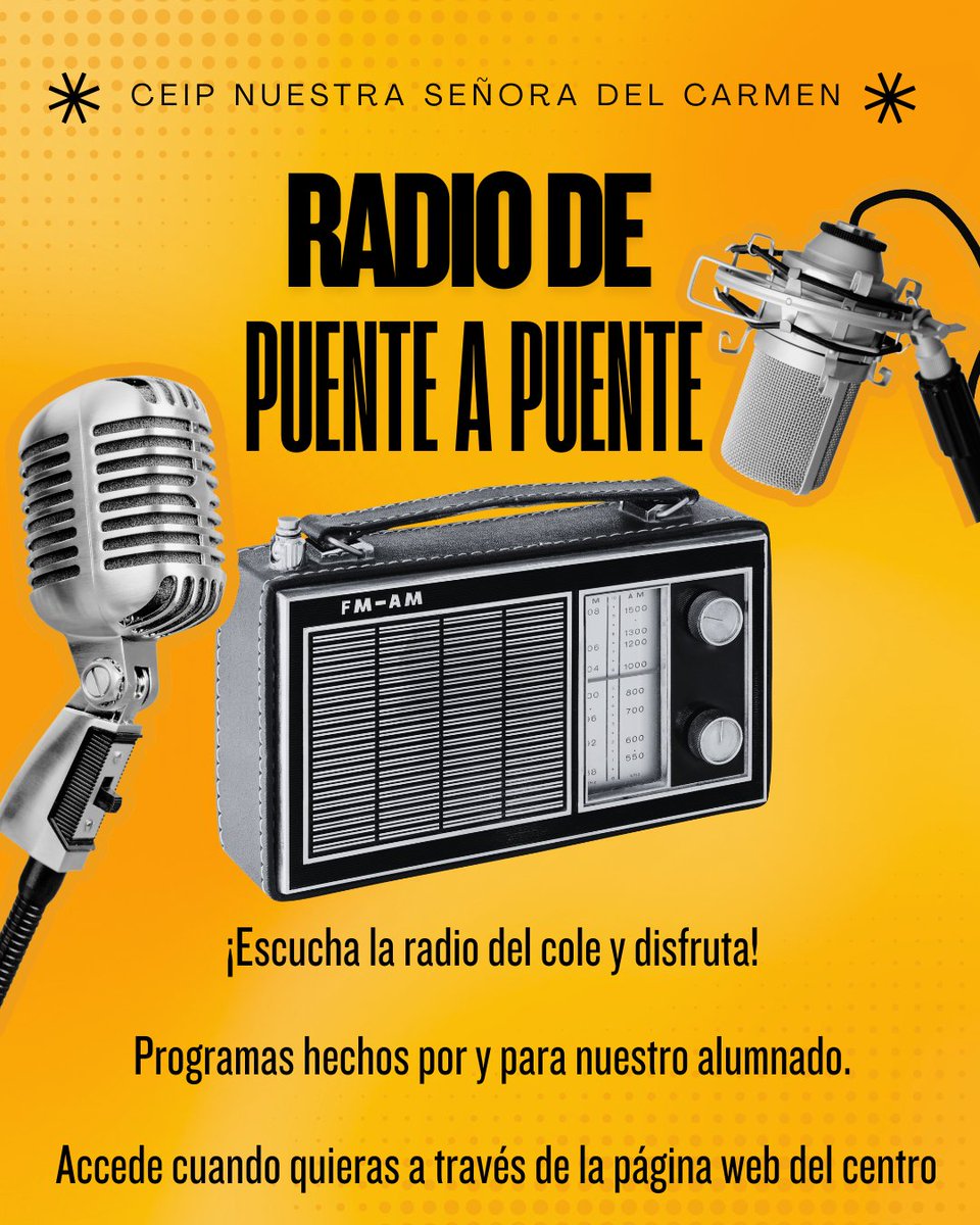 📻 La radio del cole sigue en marcha y está cargada de muchas sorpresas.
No te pierdas ningún programa y escucha todos los contenidos cuando quieras.
👉 Accede fácilmente a través de la página web del centro y disfruta de nuestra radio estés donde estés.
¡Escúchanos! 🎧📡